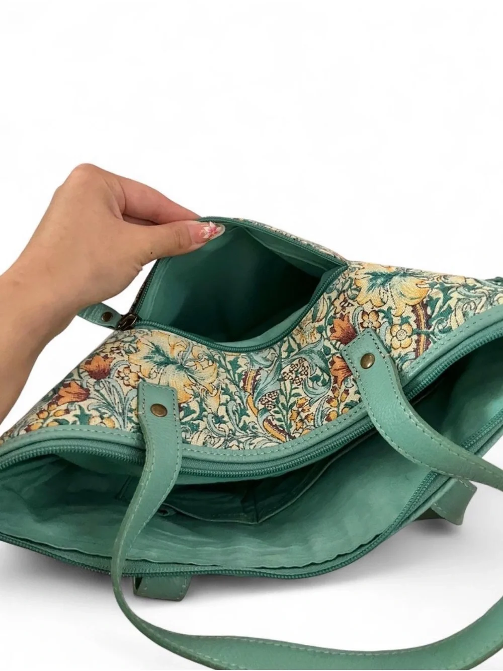 Myra Bag Teal Floral Canvas Tote with Tan and Yellow Accents